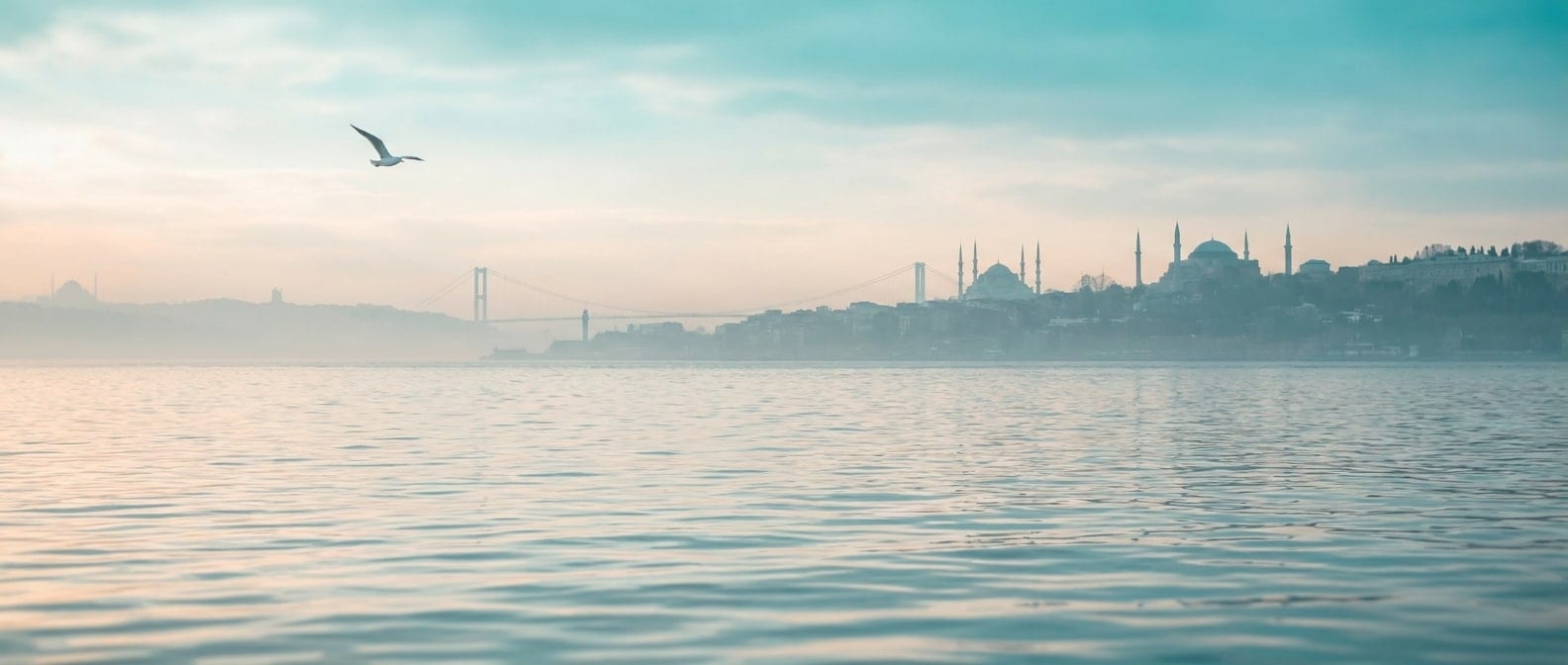 Boğaz üzerinden İstanbul silüeti: köprü ve camiler sabah sisinde