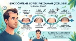 Saç ekimi sonrası dökülme süreci zaman çizelgesi; dökülme başlangıcı, yoğunlaşması ve yeni saç çıkış aşamaları.