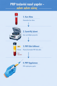 PRP tedavisi nasıl yapılır? Kan alma, santrifüj, PRP elde edilmesi ve enjeksiyon uygulamasını gösteren adım adım infografik
