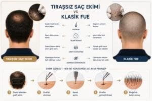 Tıraşsız saç ekimi ile klasik FUE yöntemlerini; hazırlık, işlem süresi, greft kapasitesi, operasyon sonrası görünürlük ve ortak ekim aşamaları açısından karşılaştıran medikal infografik.
