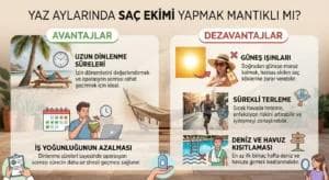 Yazın saç ekimi yaptırmak mantıklı mı sorusunu açıklayan Türkçe bilgilendirici görsel