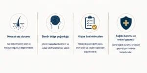 Kemoterapi Sonrası Saç Ekimi planlamasında mevcut saç durumu, donör bölge yoğunluğu, kişiye özel ekim planı ile genel sağlık durumu ve tedavi geçmişinin değerlendirilmesini gösteren bilgilendirici görsel.