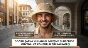 Saç ekimi sonrası güneşten ve tozdan koruma sağlayan doğru şapka kullanımı.