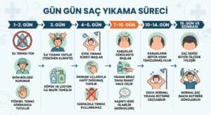 Saç ekimi sonrası yıkama sürecini gösteren ilerleme aşamaları görseli.