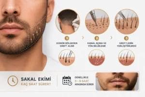 Sakal ekimi nasıl yapılır? Donör bölgeden greft alımı, kanal açma, yön belirleme ve greft yerleştirme aşamalarını gösteren sakal ekimi görseli.