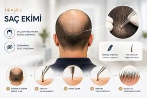 Tıraşsız saç ekimi (U-FUE) işlemini ve saçlar kesilmeden gerçekleştirilen greft ekim sürecini gösteren medikal görsel.