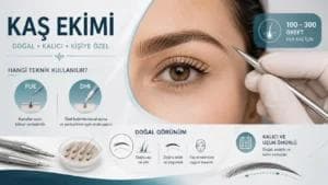 Kaş ekimi nasıl yapılır sorusunu görsel olarak anlatan, FUE ve DHI tekniklerini, doğal kaş tasarımını ve her kaş için ortalama 100–300 greft kullanımını vurgulayan modern medikal klinik görseli.