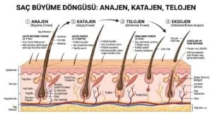 Anagen, Katagen ve Telogen evrelerini gösteren saç büyüme döngüsü diyagramı