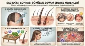 Saç ekimi sonrası dökülme nedenleri; genetik faktörler, yanlış bakım, beslenme eksikliği ve stresin etkileri.