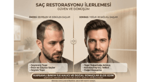 Saç dökülmesi olan ve tedavi sonrası daha yoğun ve sağlıklı saçlara sahip erkek saçlı derisinin karşılaştırmalı görünümü.