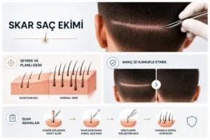 Skar saç ekimi sürecinde skar dokusuna daha seyrek ve planlı greft yerleştirilmesini, işlemin temel aşamalarını ve izin saçla kamufle edilmesini gösteren bilgilendirici görsel.