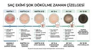 Saç ekimi sonrası şok dökülme ve yeniden çıkış sürecini gösteren zaman çizelgesi