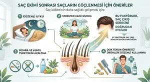 Saç ekimi sonrası saç güçlendirme önerileri; uyku düzeni, stres yönetimi ve bakım ürünleri.