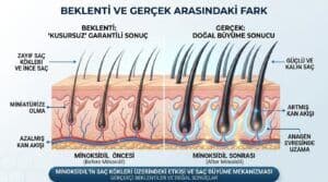 Minoxidil tedavisi öncesi ve sonrası saç köklerinin güçlenmesini ve saç tellerinin kalınlaşmasını gösteren tıbbi illüstrasyon.