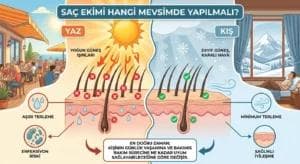 Saç ekimi yazın mı kışın mı daha mantıklı mevsimleri arasındaki farkı gösteren açıklayıcı infografik. Görsel, 'Saç ekimi hangi mevsimde yapılmalı?' başlığıyla, güneş ışınları, terleme ve iyileşme sürelerini karşılaştırıyor.