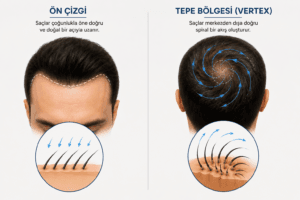 Tepe bölgesi saç ekimi ile ön çizgi ekimi arasındaki saç yönü ve açı farklarını gösteren, vertex bölgesindeki doğal spiral saç akışını açıklayan görsel.