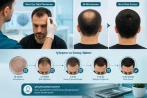 İkinci saç ekimi süreci ve iyileşme dönemini anlatan tıbbi infografik; doktorun revizyon planlaması yaptığı konsültasyon sahnesi, ilk ve ikinci saç ekimi sonrası görünüm karşılaştırması ile kabuklanma, şok dökülme ve 12 ayda kalıcı sonuca uzanan iyileşme zaman çizelgesini gösteren görsel.